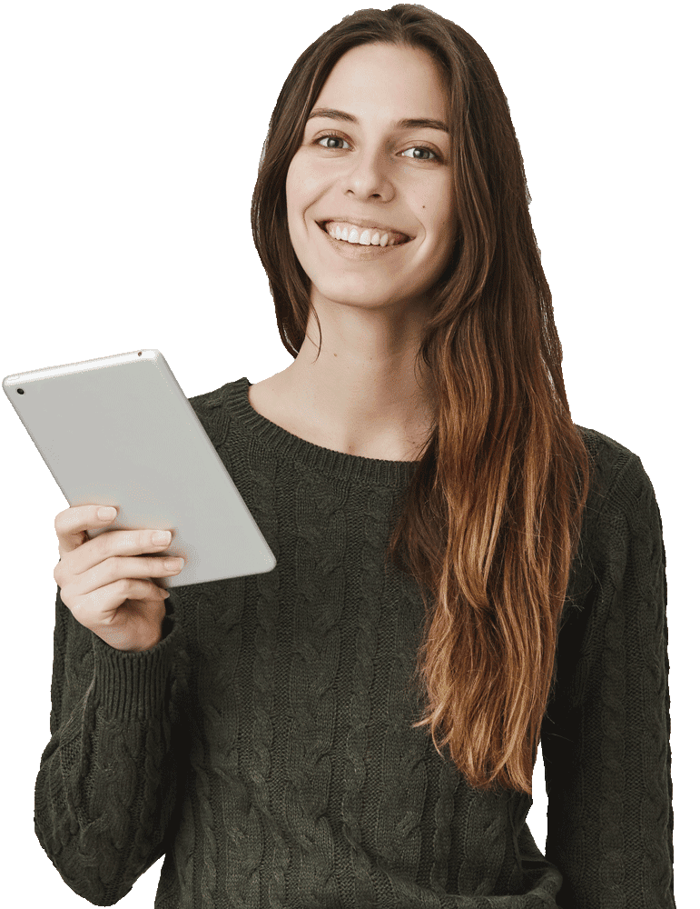 a young lady smiling and holding a tablet on her right hand